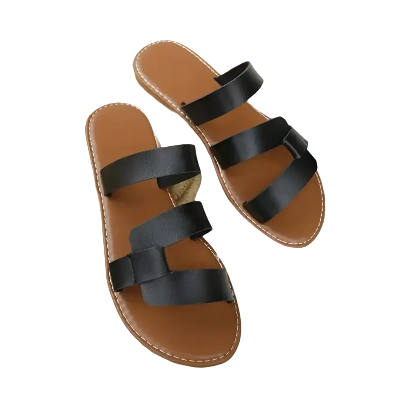 Brown sandals with black straps.