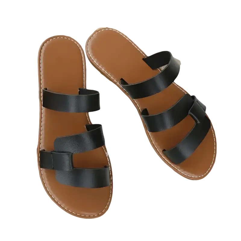 Brown sandals with black straps.