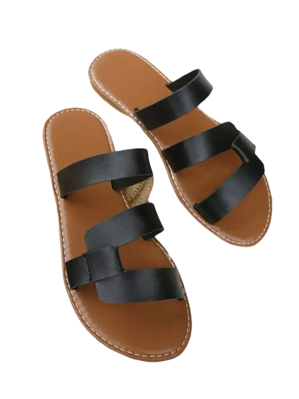 Brown and black leather sandals.