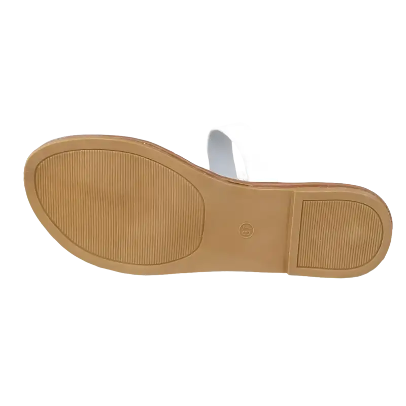 White sandal with brown sole.