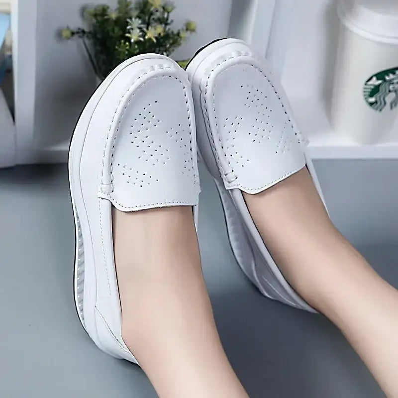 Spring Autumn Women Platform Loafers Shoes Ladies Genuine Leather Hollow Casual Shoes Woman Slip on Moccasins Creepers