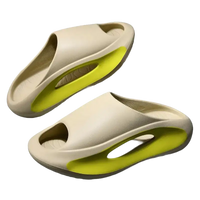 Beige and lime green slide sandals.