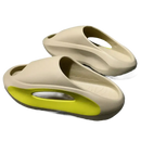 Beige and yellow slide sandals.