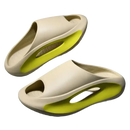 Beige and yellow slide sandals.