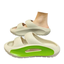 Beige double-strap platform slides.