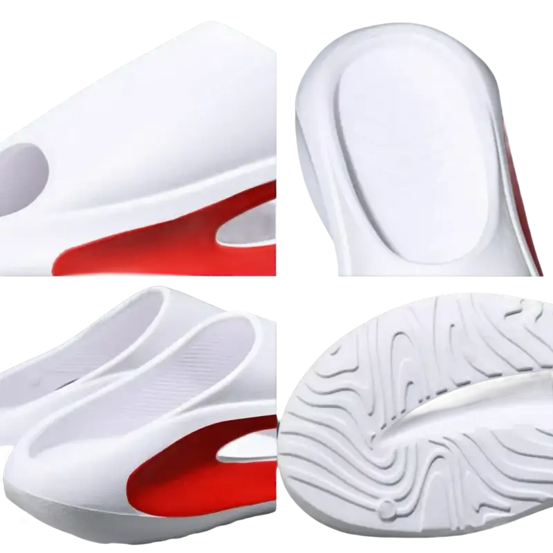 White and red slip-on sandals.