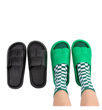 Black and green textured slide sandals.
