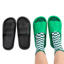 Black and green puffy slide sandals.