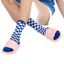 Checkered socks with pink slides.