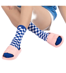 Checkered socks and pink slides.