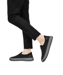 Black slip-on men’s summer shoes with gray soles, breathable mesh casual sneakers