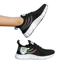 Black athletic shoes with white soles.