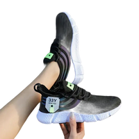Black athletic shoes with white soles.