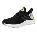 Black knit athletic shoe with white sole.
