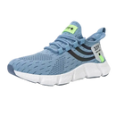 Blue knit athletic shoe with white sole.