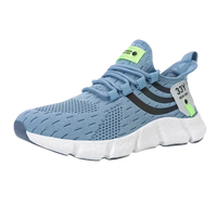 Blue knit athletic shoe with white sole.