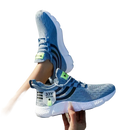 Blue and black striped athletic shoes.
