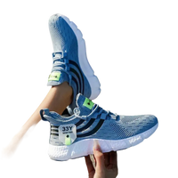 Blue and black striped athletic shoes.