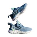 Blue knit running shoes.