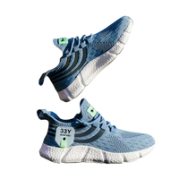Blue knit running shoes.