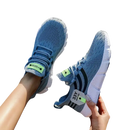 Blue knit athletic shoes.