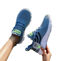 Blue knit athletic shoes.