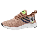 Beige athletic shoe with white sole.