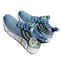 Pair of light blue knit sneakers.