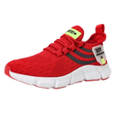 Red athletic shoe with white sole.