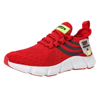 Red athletic shoe with white sole.