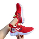 Red athletic shoes.