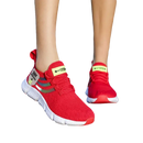Red athletic shoes.