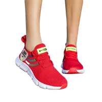 Red athletic shoes.