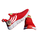 Red athletic shoes with black stripes.