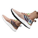 Tan athletic shoes with white soles.