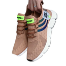 Tan knit running shoes.