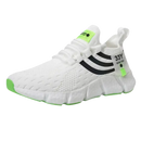 White athletic shoe with black stripes and green accents.