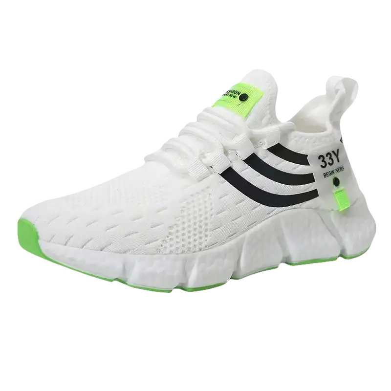 White athletic shoe with black stripes and green accents.