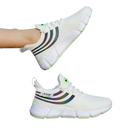 White athletic shoes with iridescent stripes.