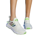 White athletic shoes with rainbow accents.