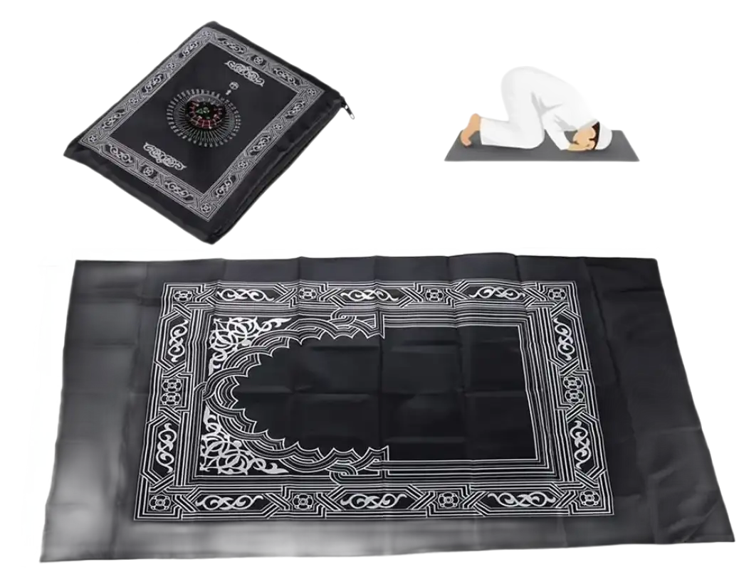 Black prayer mat with dimensions.