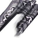 Black fabric with silver art deco pattern.