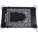 Black prayer mat with white design.