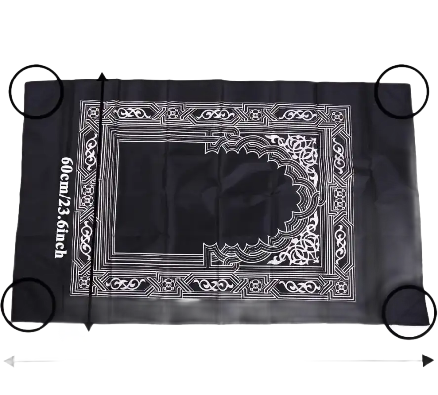 Black prayer mat with white design.
