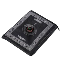 Black prayer mat with compass.