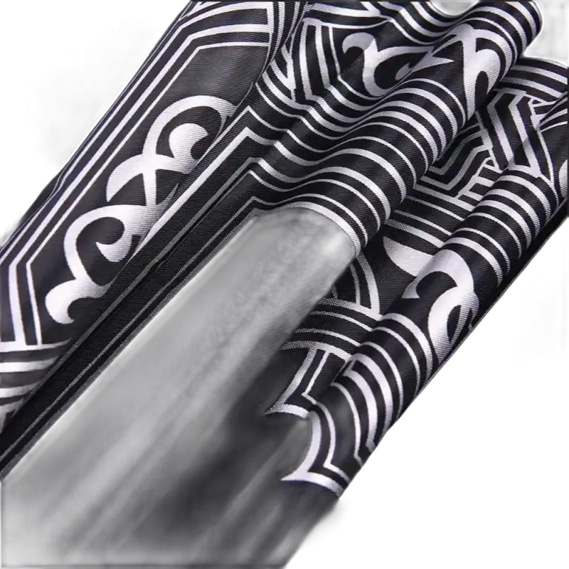 Black fabric with silver Art Deco patterns.