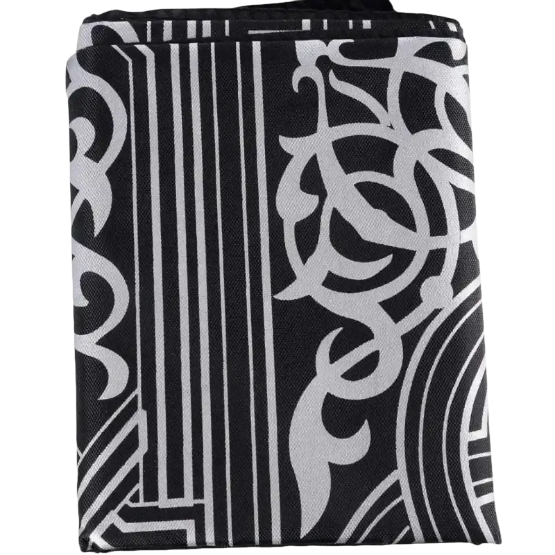 Folded black and white patterned bag.
