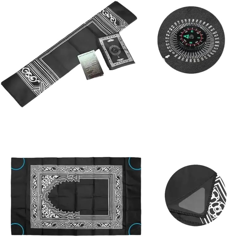 Black prayer mat with compass and iron corner weights.