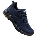 Navy blue knit running shoe.