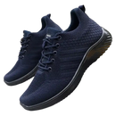 Pair of navy blue knit sneakers.
